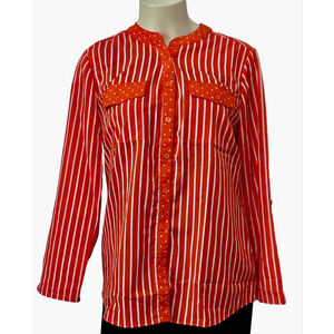 Notations Red White Stripe Button Down Shirt Polka Dot Placket Size S